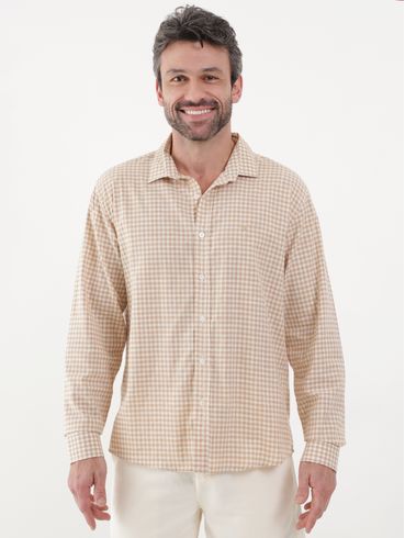 Camisa Slim Fit Manga Longa Xadrez Masculina Bege
