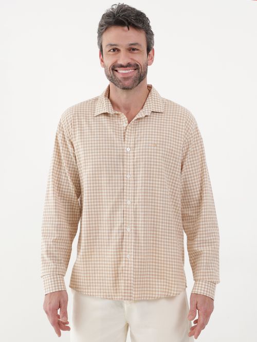 Camisa Slim Fit Manga Longa Xadrez Masculina Bege