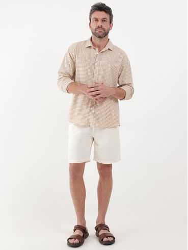 Camisa Slim Fit Manga Longa Xadrez Masculina Bege