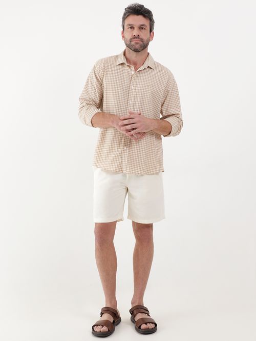 Camisa Slim Fit Manga Longa Xadrez Masculina Bege