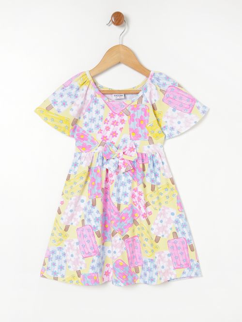 Vestido Estampado Infantil Para Menina - Rosa/Amarelo
