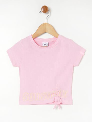 Blusa Manga Curta Canelada Infantil Para Menina - Rosa