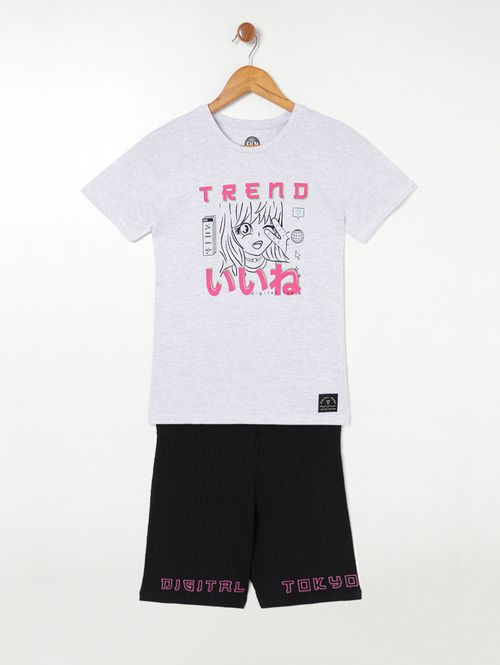 Conjunto Curto Juvenil Para Menina - Cinza/Preto