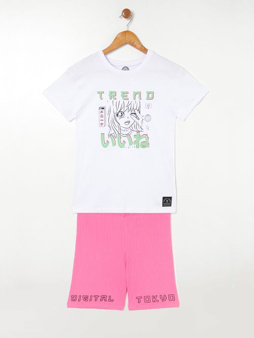 Conjunto Curto Juvenil Para Menina - Branco/Rosa Pink