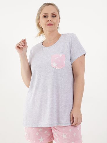 Pijama Curto Plus Size Feminino Cinza/rosa