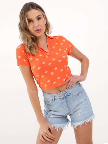 Blusa Manga Curta Estampada Feminina Laranja