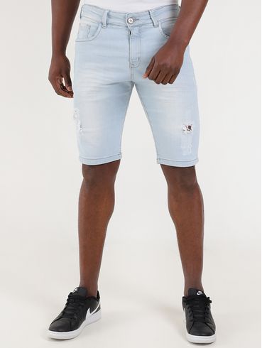 Bermuda Jeans Delavê com Puídos Masculina Azul