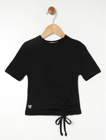Blusa Manga Curta Canelada Juvenil Para Menina PRETO