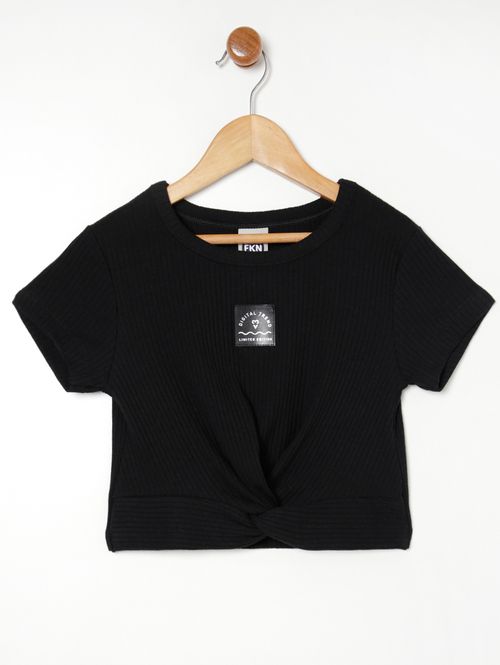 Blusa Cropped Manga Curta Juvenil Para Menina - PRETO