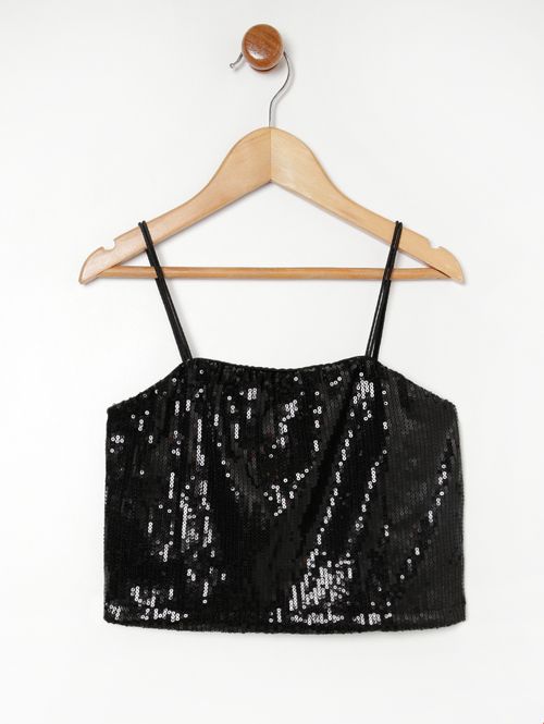 Blusa Cropped Paetê Juvenil para Menina - PRETO