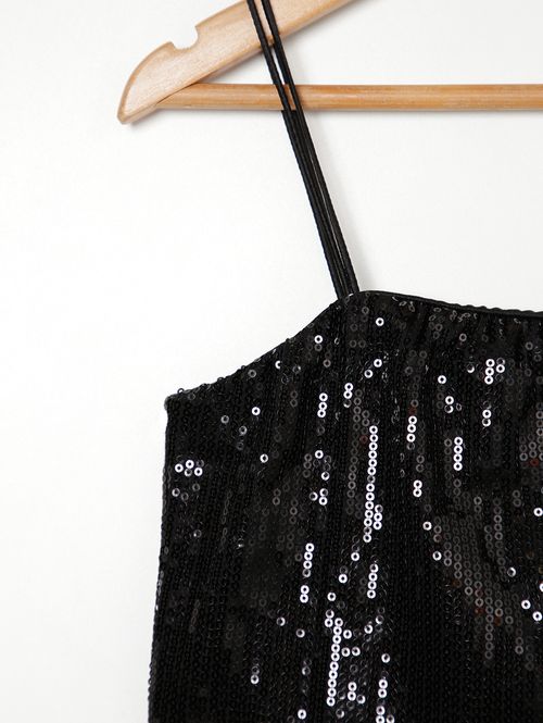 Blusa Cropped Paetê Juvenil para Menina - PRETO