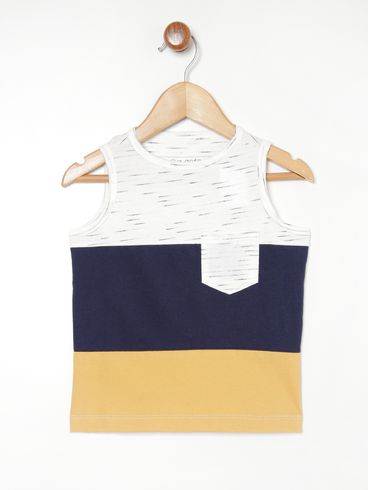 Camiseta Regata Infantil Para Menino - OFF WHITE/MARINHO/AMARELO