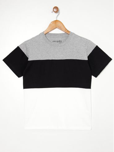 Camiseta Manga Curta Juvenil Para Menino - CINZA/PRETO/OFF WHITE
