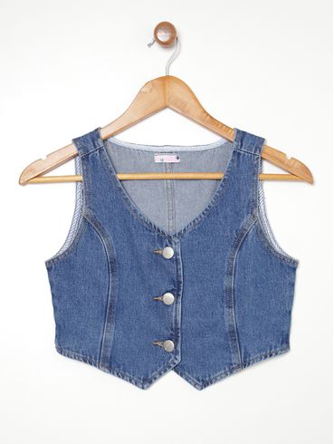 Colete Jeans Cropped Vels Juvenil Para Menina - AZUL