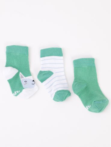 Kit com 03 Meias Infantil para Bebê - VERDE/BRANCO