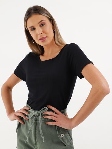 Blusa Cropped Manga Curta Feminina Preto