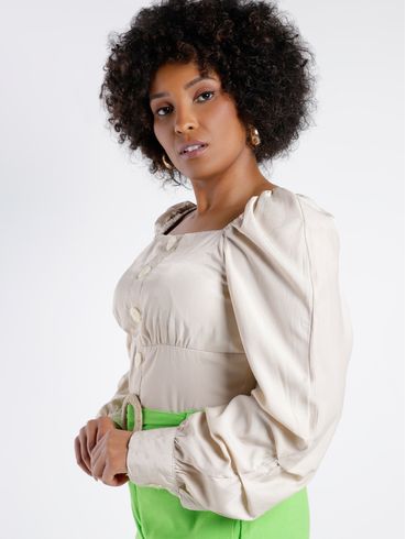 Blusa Cropped Manga Bufante Eagle Rock Feminina Bege