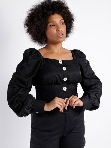 Blusa Cropped Manga Bufante Eagle Rock Feminina Preto