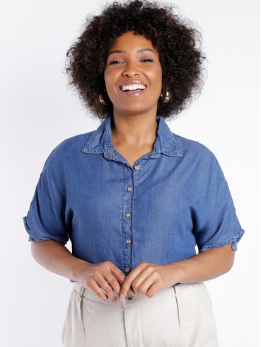 Camisa Jeans Manga Curta Feminina AZUL