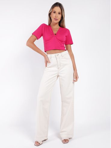 Blusa Cropped Manga Curta Feminina Rosa Pink