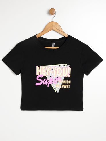Blusa Manga Curta Juvenil Para Menina - PRETO