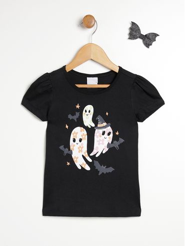 Blusa Manga Curta Infantil Para Menina - PRETO/LARANJA