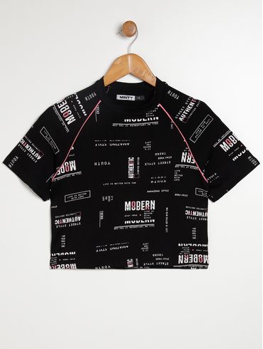 Blusa Manga Curta Estampada Juvenil Para Menina - PRETO