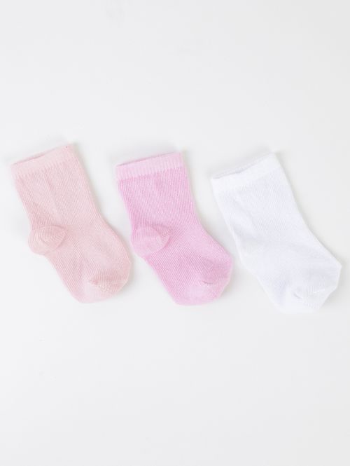 Kit com 03 Meias Infantil Para Bebê- BRANCO/SALMAO/ROSA