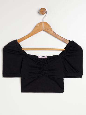 Blusa Manga Curta Juvenil Para Menina - PRETO