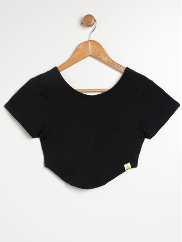 Blusa Manga Curta Juvenil Para Menina - PRETO