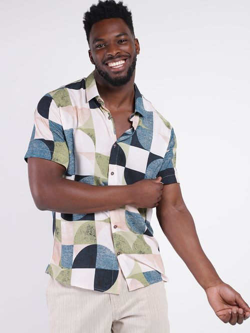 Camisa Manga Curta Estampada Masculina BEGE