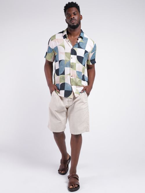 Camisa Manga Curta Estampada Masculina BEGE