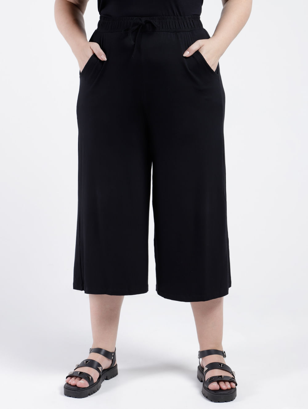 Calça Capri Feminina Plus Size Malha Viscose Com Elástico E Cordão