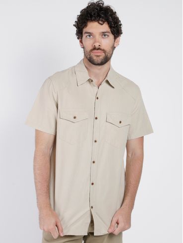 Camisa Sarja Manga Curta Masculina BEGE