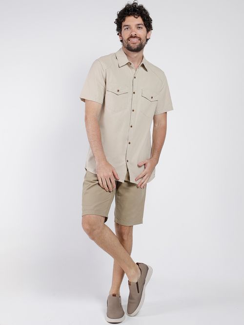 Camisa Sarja Manga Curta Masculina BEGE