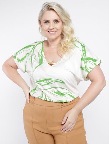 Blusa Manga Curta Estampada Plus Size Feminina VERDE