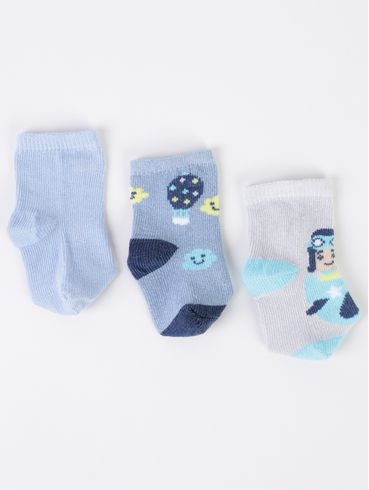Kit com 03 Meias Infantil Para Bebê- CINZA/AZUL CLARO/AZUL
