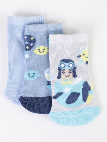 Kit com 03 Meias Infantil Para Bebê- CINZA/AZUL CLARO/AZUL