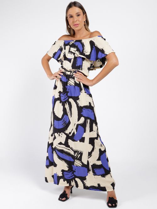 Vestido Longo Ciganinha Feminino AZUL/BEGE