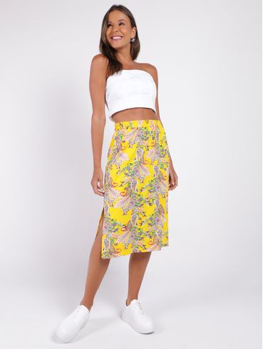 Saia Média Estampada Feminina Amarelo