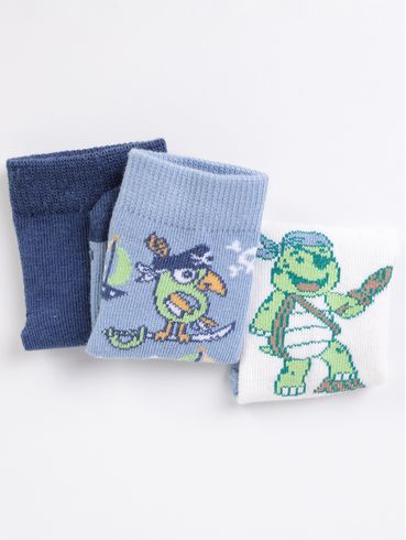 Kit com 03 Meias Infantil Para Bebê - OFF WHITE/MARINHO/AZUL