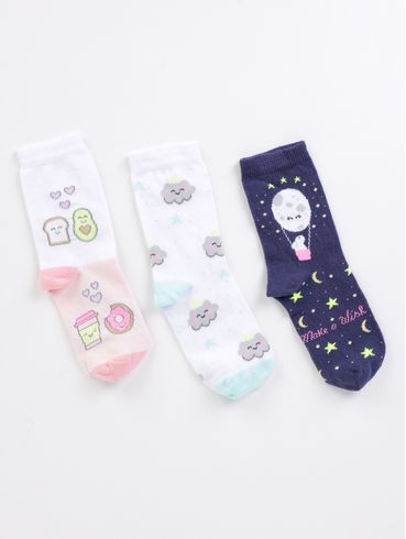 Kit com 03 Meias Selene Juvenil para Menina - Branco/Azul Marinho/Azul