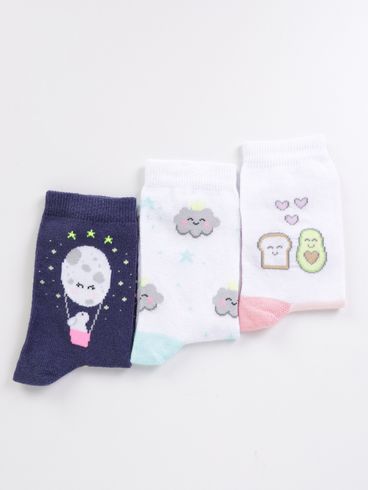 Kit com 03 Meias Selene Juvenil para Menina - Branco/Azul Marinho/Azul