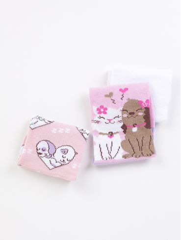 Kit com 03 Meias Infantis Para Menina - ROSA/BRANCO/ROSA CLARO