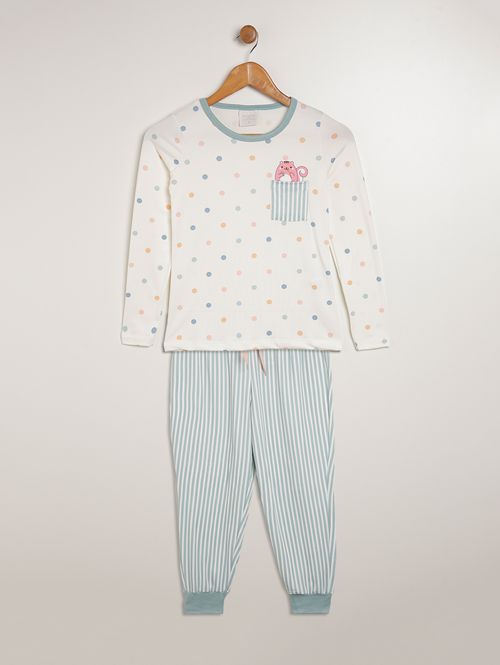 Pijama Longo Poá Juvenil Para Menino - OFF WHITE/VERDE