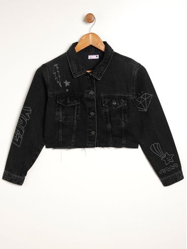 Jaqueta Sarja Cropped Vels Juvenil Para Menina - PRETO