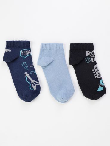 Kit com 03 Meias Juvenil Para Menino - PRETO/AZUL CLARO/AZUL