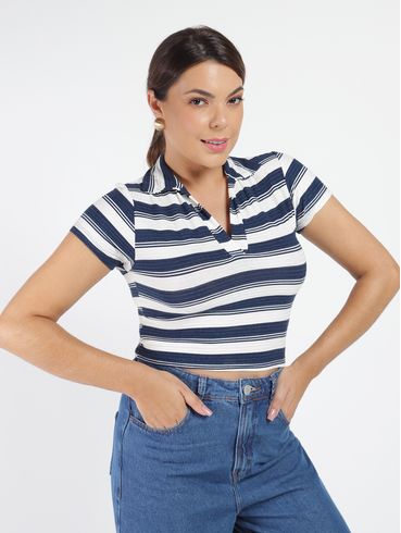 Blusa Manga Curta Listrada Feminina Azul Marinho