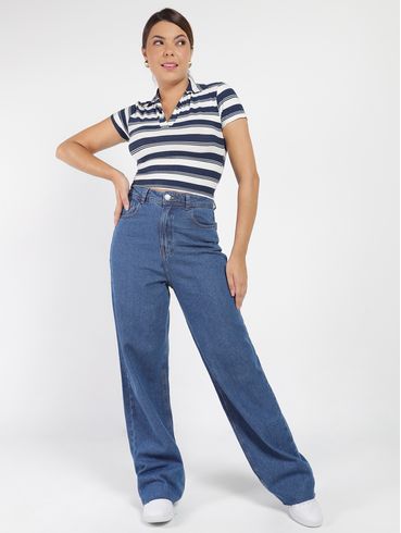 Blusa Manga Curta Listrada Feminina Azul Marinho