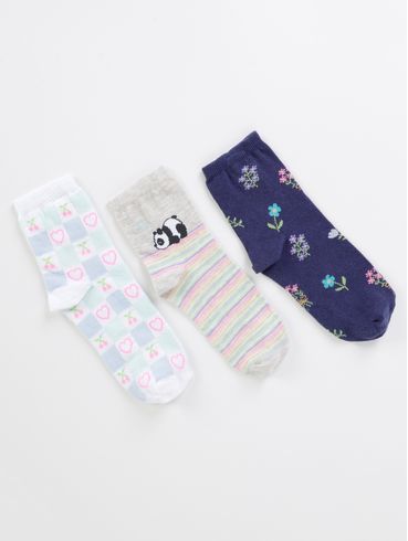 Kit com 03 Meias Selene Femininas Cinza/Branco/Azul Marinho